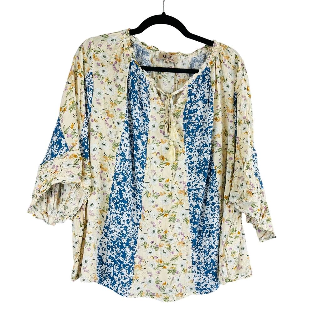 GiGio‎ Plus Womans Sz XL Blouse Top Floral Short Flare Sleeve Patchwork Boho
